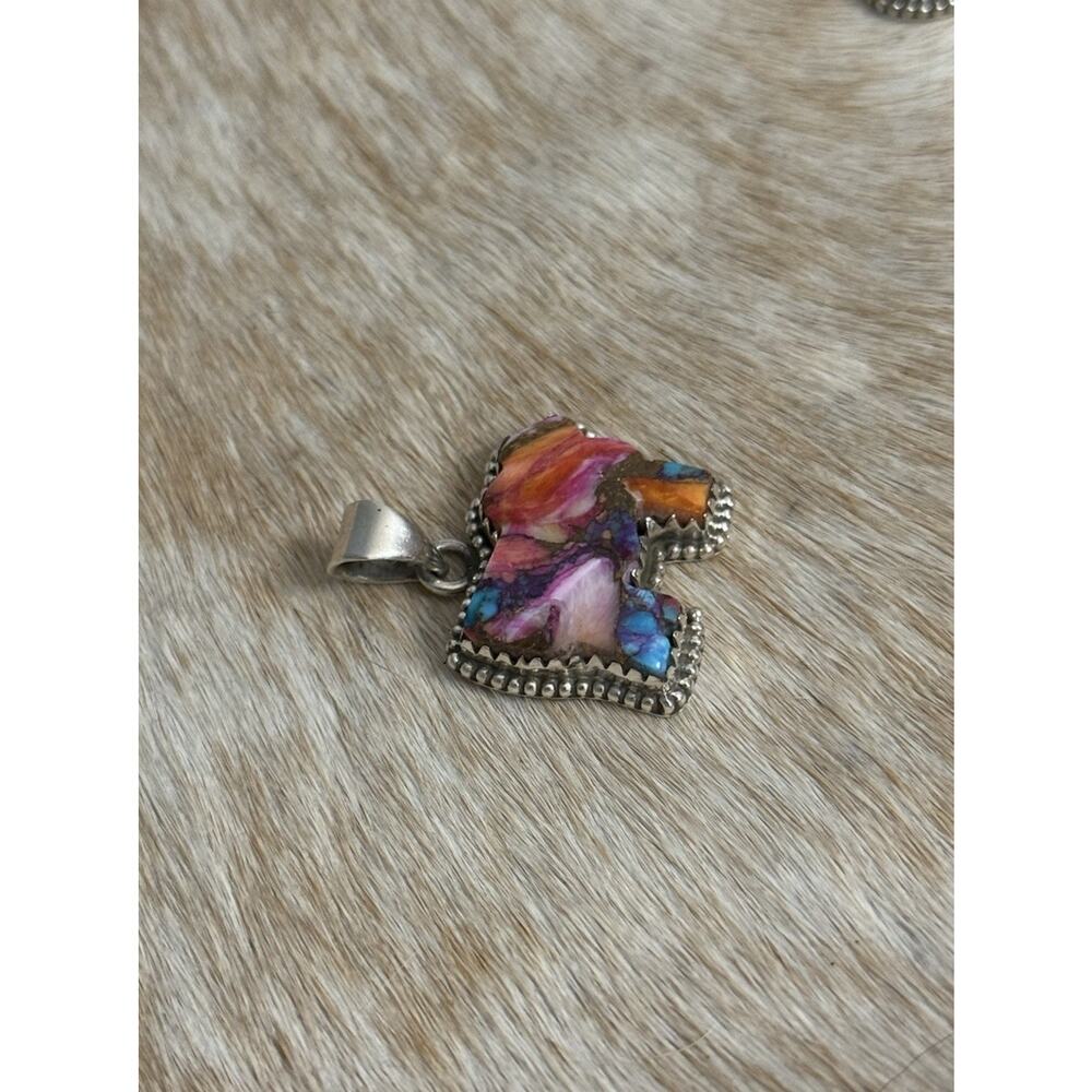 Native American SW Sterling Silver Pink Dahlia Turquoise Cow Steer Bull Pendant - Picture 7 of 7